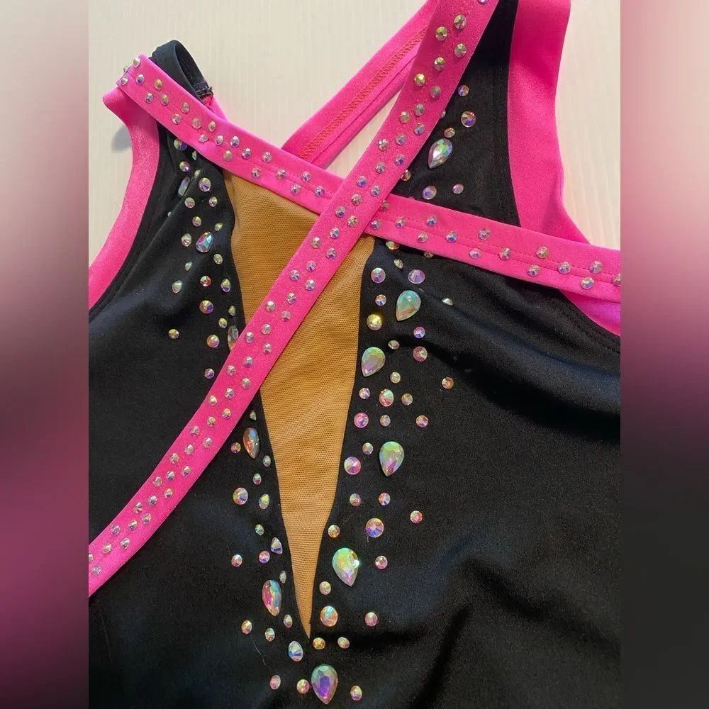 The Line up dance costume black hot pink strappy leotard rhinestone SA adult